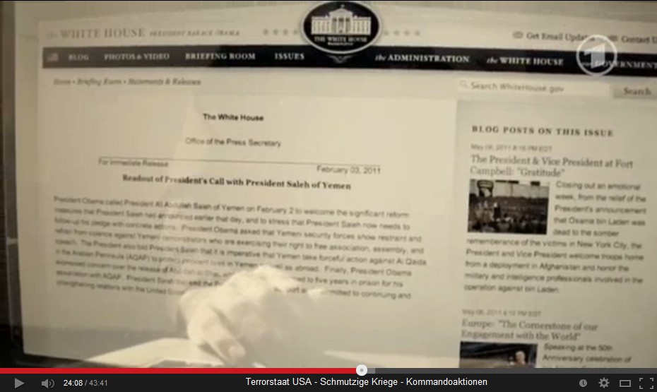 Meldung über das Telefongespräch zwischen dem
Obama-Hitler mit dem Präsidenten Saleh von Jemen, 3.
Februar 2011 Meldung über das
Telefongespräch zwischen dem Obama-Hitler mit dem
Präsidenten Saleh von Jemen, 3. Februar 2011