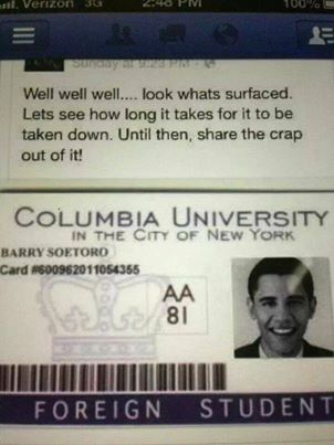 ID der Universit�t Columbia mit Barry
                          Soetoro als "ausl�ndischer Student"
                          (foreign student), gepostet auf Facebook