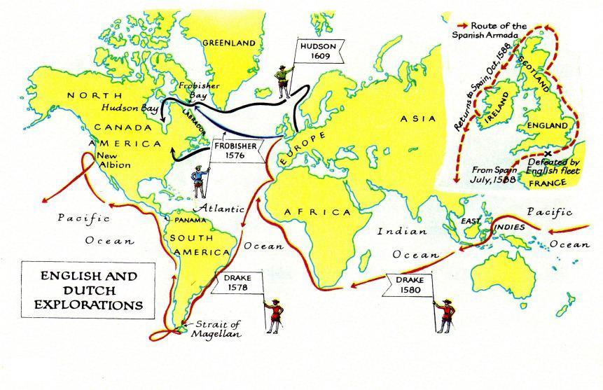 "Christian" Magellan around the
                  world trip 1520/1 - Anglo Saxon invasion trips to
                  "America" by Frobisher 1576, Drake 1578-1580
                  and Hudson 1609 - map