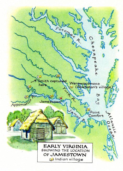 Jamestown since 1607 in Virginia --
                        Appomattox River, Smith captured here, York
                        River, Werowocomoco, Powhatan's village, Point
                        Comfort, James River, Chesapeake Bay, Potomac
                        River -- map