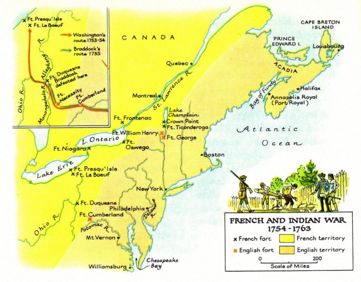 French and native war against "New
                  England" 1754-1763, until the French are expelled
                  - map