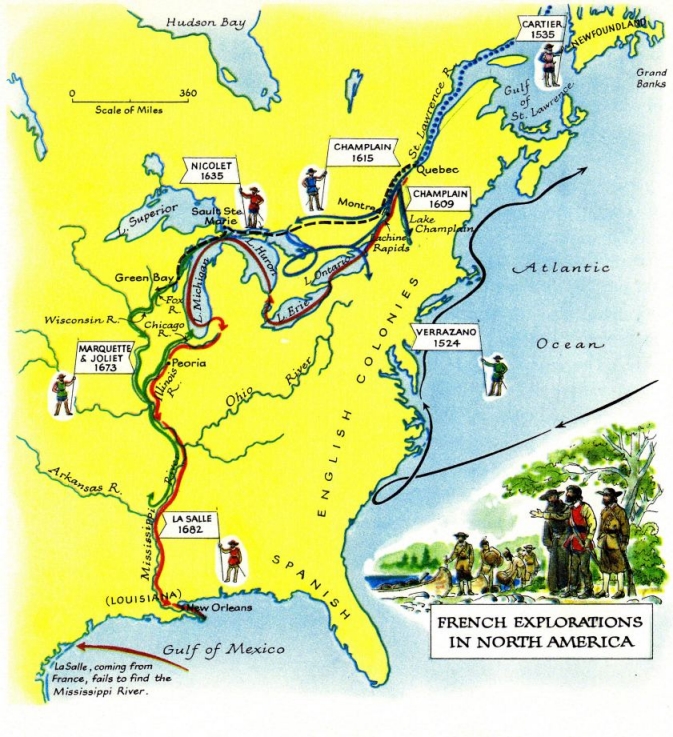 Invasionen und Besetzungen Frankreichs in
                Nord-"Amerika" 1524-1682 -
                "erfolglose" Suche nach dem Weg nach Indien -
                Karte