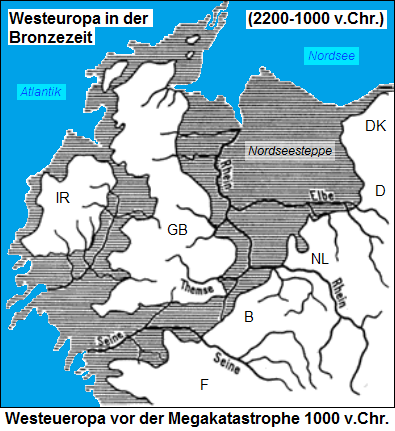 Karte Westeuropas
                        (Irland, England, Frankreich, Holland und
                        Deutschland) mit der Nordseesteppe in der
                        Bronzezeit 2200-1000 v.Chr. vor der
                        Megakatastrophe um 1000 v.Chr. mit den alten
                        Flussl�ufen von Rhein, Elbe, Seine und Themse