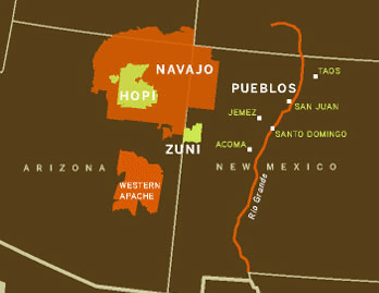 Karte mit dem Gebiet der
                        Zuni-Ureinwohner in New Mexico (hellgr�n)