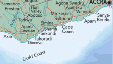 Karte mit der Position von Elmina an
                            der K�ste des heutigen westlichen Ghana.