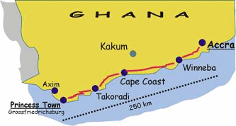 Karte mit Grossfriedrichsburg, heute
                            Princess Town, an der K�ste des heutigen
                            westlichen Ghana.