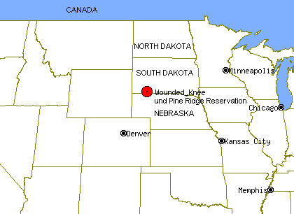Karte mit der Position von Wounded Knee und
                        der Pine Ridge Reservation in South Dakota