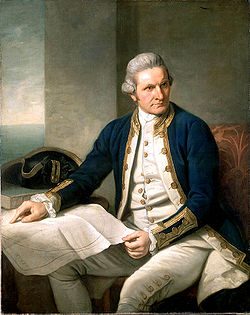 Captain James Cook sitzend.
                            Seine Landkarte sollte der Anfang vom Ende
                            der Prim�rnationen sein...