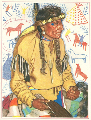 Winold Reiss:
                          Blackfoot-Medizinmann "Lazy Boy"
                          ("Tr�ger Bub"), Profil. Die
                          Piktogramme im Hintergrund zeigen seine
                          "Kriegsvergangenheit", 1920er Jahre
                          ca.