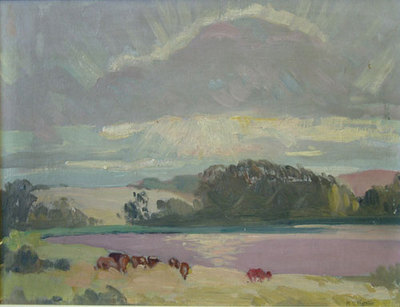 Mildred Valley Thornton: B�ffel beim
                          Grasen (Wasserfarbe), 1930 ca.