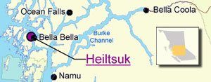 Karte der Heiltsuk-Prim�rnation mit Bella
                          Bella / Waglisla, Namu, Ocean Falls und Bella
                          Coola