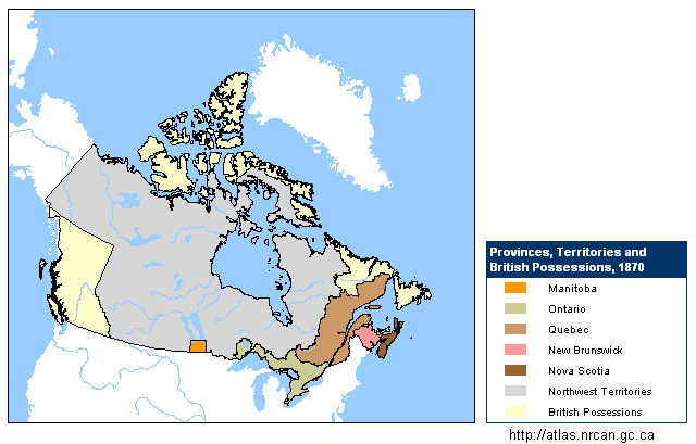 Karte von Kanada
                          von 1870 mit der Einzeichnung des neu
                          gegr�ndeten Manitoba. Rupertsland und
                          Nordwest-Territorium formen zusammen das
                          Nordwestterritorium.
