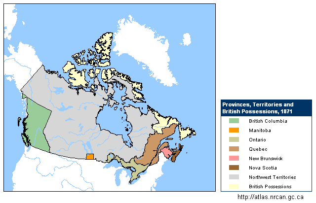 Karte von Kanada mit dem
                          neuen Bundesstaat British Columbia. Die
                          mittleren Bundesstaaten der Plains gibt es
                          noch nicht.