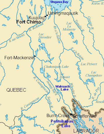 Karte mit dem Gebiet
                                        zwischen Kuujuag (Fort Chimo)
                                        und Schefferville, mit der
                                        Ungava Bay im Norden, Fort
                                        Mackenzie, Wakuach Lake und
                                        Petitsikapau Lake