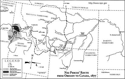 Karte mit der Fluchtroute der Nez
                            Perc�s nach Kanada