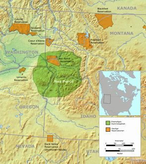 Karte mit dem Stammesgebiet der Nez
                            Perc�s (gr�n) und den heutigen Reservationen
                            2008 (rot)