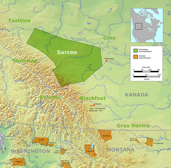 Karte mit dem Stammesgebiet der
                              Sarcee-Prim�rnation (gr�n, auch Tsuu
                              T'ina, Sarsi, Tsu T'ina) und dem heutigen
                              "Reservat" (orange, bei
                              Calgary)