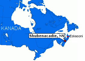 Karte von
                  Kanada mit den Positionen von Shubenacadie und
                  Eskasoni im Bundesstaat Nueva Scotland (NS)