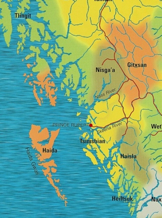 Karte
                                      von NW-Kanada mit den
                                      Prim�rnationen Tsimshian, Nisga'a,
                                      Gitxsan (Gitskan?) und Haida, mit
                                      den Fl�ssen Nass River und Skeena
                                      River und Prince Rupert. Annette
                                      Island f�r die Tsimshian hat die
                                      falsche Farbe.