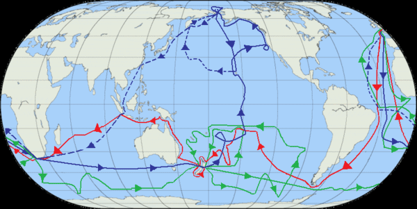 Karte der 3 Expeditionen von
                          Captain Cook im Pazifik: erste Reise in Rot,
                          zweite Reise in Gr�n, dritte Reise in Blau,
                          und blau gestrichelt die Route der
                          heimkehrenden Crew nach dem Tod von Cook auf
                          Tahiti.