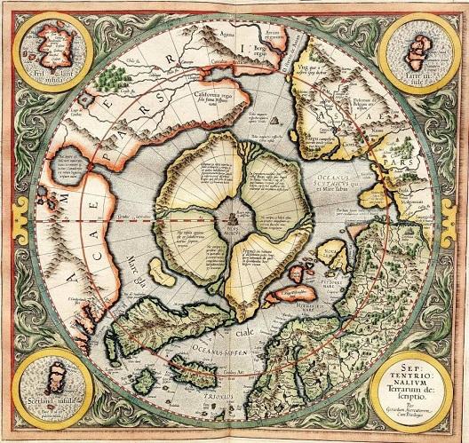 Karte der
                      Arktis mit dem Nordpol als vierteiliger Kontinent
                      mit 4 Hauptfl�ssen und einem ringartigen
                      K�stengebirge
