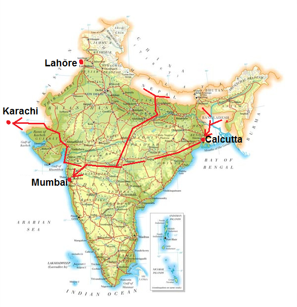 Karte mit Indien, Nepal und Bangladesh mit
                      der Angabe des M�dchen- und Frauenhandels nach
                      Mumbai (fr�her Bombay) und Pakistan