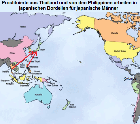 Karte mit Thailand und den
              Philippinen, von wo aus Frauen f�r japanische M�nner in
              Bordellen in Japan arbeiten