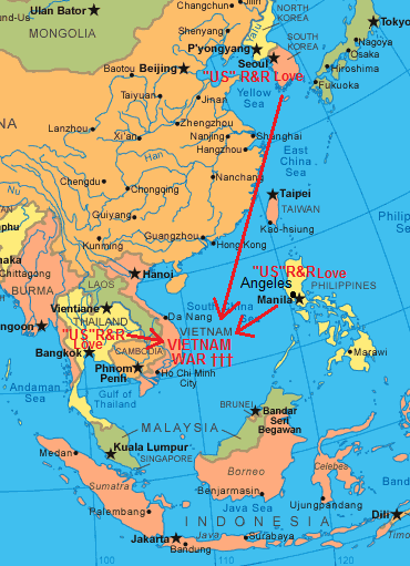 Map with Vietnam, Thailand,
              Philippines and Korea [6] showing the Vietnam War system
              of criminal "USA" giving the soldiers an R&R
              holiday in Thailand, Philippines and in Korea, changing
              between sex tourism and war killing action - or being
              heavily injured or even being killed