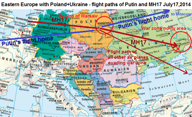 Kaart met de aanvliegroute
                  van Poetin en van MH17 op 17 juli 2014