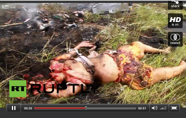Crash site of MH17, deformed dead body with
                        separated arm, charred a little bit, zoom