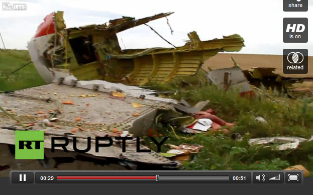 Crash gebied van MH17 met grote puin en een
                        dood lichaam opzij - hier was geen vuur