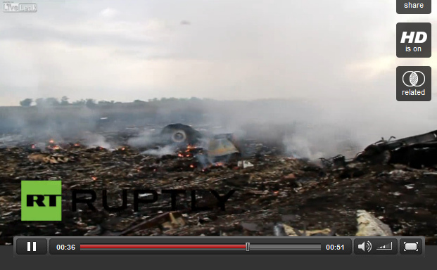 De vermeende crash site van MH17, al zijn
                        kleine brokstukken alleen de motor zijn groten