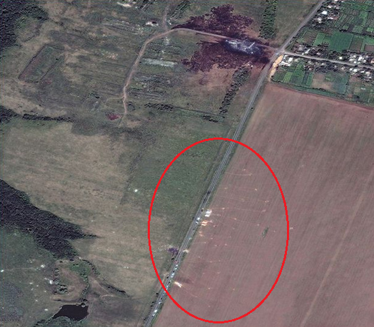 See here the air photo with the fireplace
                        of MH17 and with the wheatfield with the paths
                        for putting objects there