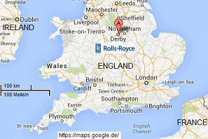 Karte mit Derby, Sitz von
                      Rolls Royce