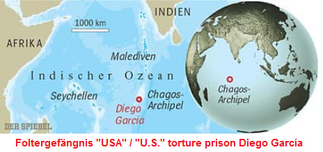 Karte mit der "US"-Gefangeneninsel Diego
              Garcia im südlichen, Indischen Ozean