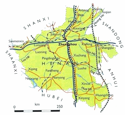 Karte mit der Position von Xinyang und
                          Zhentzhou, Provinz Henan