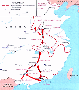 Karte mit der Einzeichung der
                            Ichigo-Offensive in Henan/Honan 1944 April
                            bis August