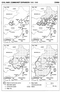 Karte von China mit der kommunistischen
                            Expansion 1945-1949