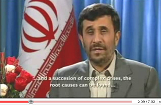 Ahmadinejad Christmas speech 2008: ... and a succession of complex crises, the root causes can be found ...