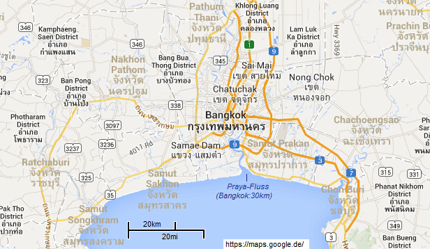Karte: Die Entfernung zwischen
                            dem Meer und Bangkok ist 20km Luftlinie und
                            30km Flusslinie - der kann nicht aufwärts
                            fliessen!