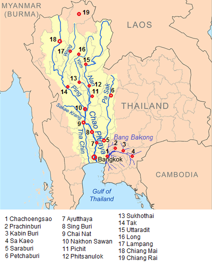 Karte mit Bangkok mit dem
                    Einzugsgebiet des Praya-Flusses und des
                    Bang-Bakong-Fluss