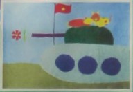 Kinderzeichnung mit einem Panzer der Nordvietnam-Armee mit der Fahne Nordvietnams mit dem gelben Stern auf rotem Grund