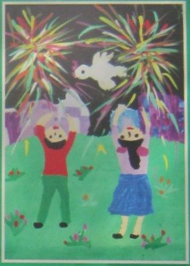 Kinderzeichnung einer Friedenstaube mit Feuerwerk