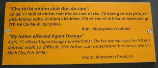 Vater mit Agent-Orange-Opfer, Text: "Mein Vater wurde mit Agent Orange verseucht" Ein M�dchen, 17 Jahre alt, ist durch ihren Vater von Agent Orange betroffen. Sie ist blind, ist auf dem linken Ohr taub und kann kaum laufen. Ihr Vater kann ihre Stimme verstehen (Saigon / Ho Chi Minh-Stadt, Februar 2006) Foto: Murayama Yasufumi