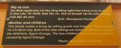 Zwei Agent-Orange-Opfer, Text: Mutter und Kinder Diese Familie bestreitet ihren Lebensunterhalt, indem sie Produkte verkaufen und Lotterielose im Chinatown in Saigon (Ho Chi Minh City) verkaufen. Beide �ltern Kinder sind Opfer der Agent-Orange-Chemikalien. Die beiden Kinder haben klassische Symptome, verursacht durch Agent Orange. Foto: Muroyama Yasafumi