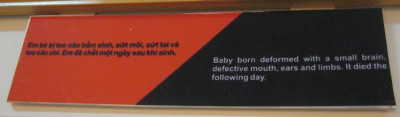Agent-Orange-Opfer, Text: Dieses Baby wurde deformiert mit einem kleinen Hirn geboren, mit einer Mundspalte, mit defekten Ohren und Gliedern. Es starb einen Tag sp�ter.