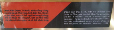 Agent-Orange-Opfer Toan Van Doan, Text: Toan Van Doan (14) mit seiner Mutter, die im Weiler Phu Hoa lebt, Provinz Ben Tre. Doan leidet an einer Nervenkrankheit - er kann sitzen aber kann nicht laufen oder sprechen. Er kann einige einfache S�tze verstehen und auf Kl�nge antworten. Vietnam 1994