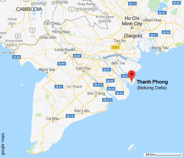 Karte mit Saigon (Ho Chi Minh City) und Thanh Phong im Mekong-Delta