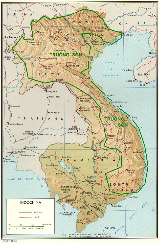 Map of Vietnam, Laos, and Cambodia
                              with the mountani range of Truòng Son