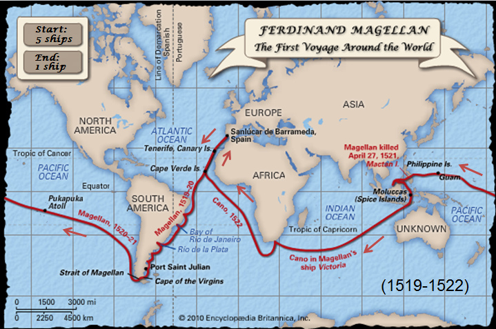 Die Karte mit der Weltumrundung
              der Flotte von Magellan 1519-1522